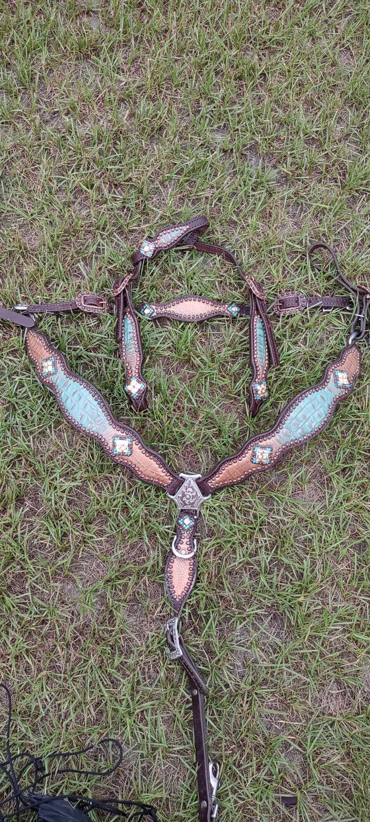 Mandy’s Custom Bling tack set- Brown and Teal Gator