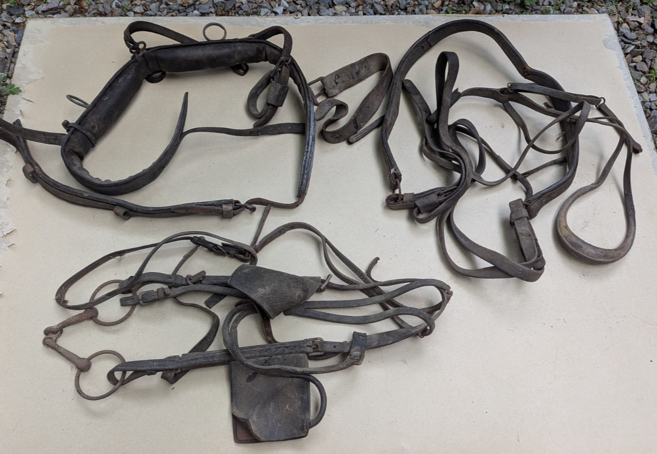 Antique Horse Harness Tack Lot Leather Bridle Hames Farm Wagon Primitive Decor