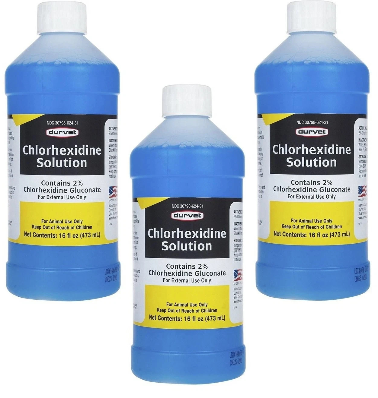 Durvet 3 Bottles of Chlorhexidine Solution, 16 Ounces Each, for One Size