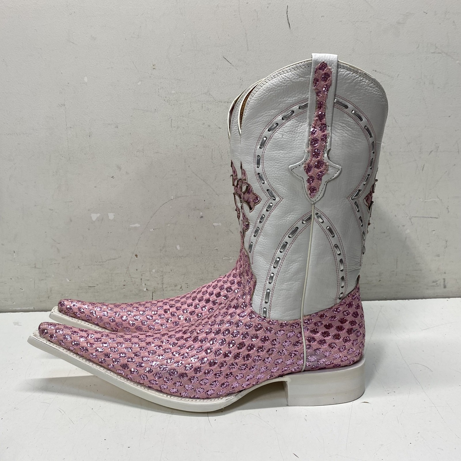 El General Pink Glitter White Leather Western Picuda Boots Men’s Size 8