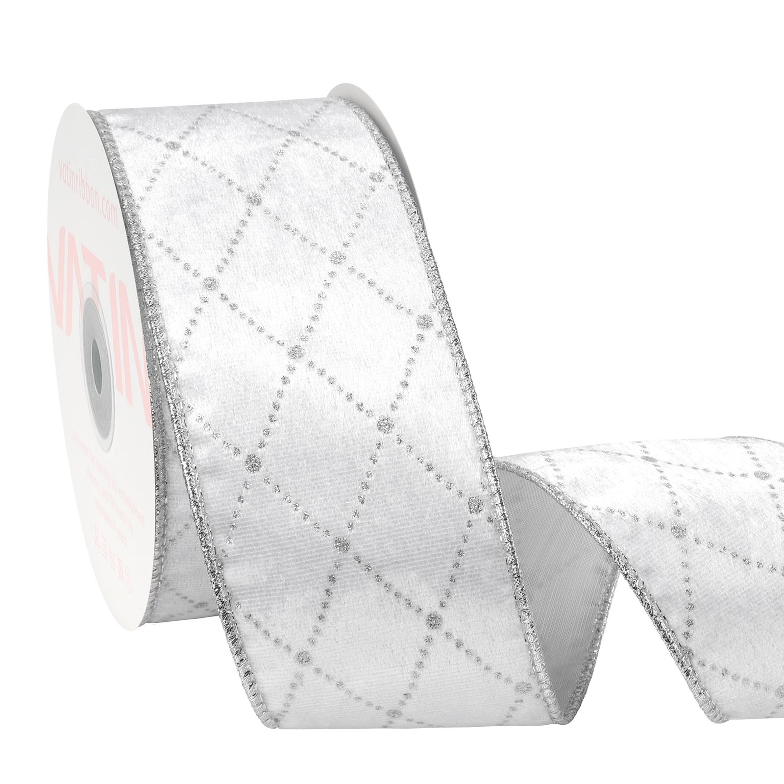 VATIN White and Silver Velvet Ribbon with Glitter Argyle Pattern, 2-1/2-Inch …